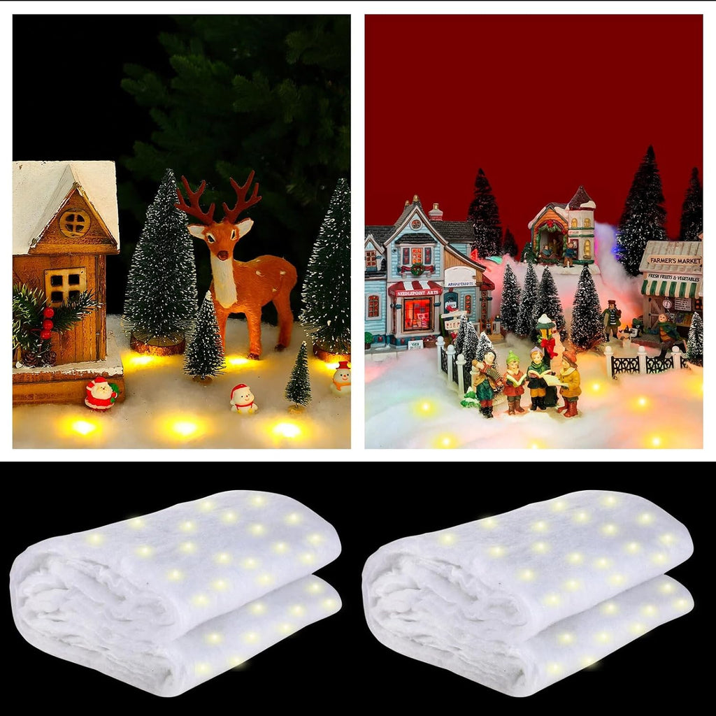 Tudomro Christmas Snow Blanket - Pre-Lit LED Fake Snow Runner for Holiday Village Display | 4 ft x 13 in (Warm White, 2 Pcs)