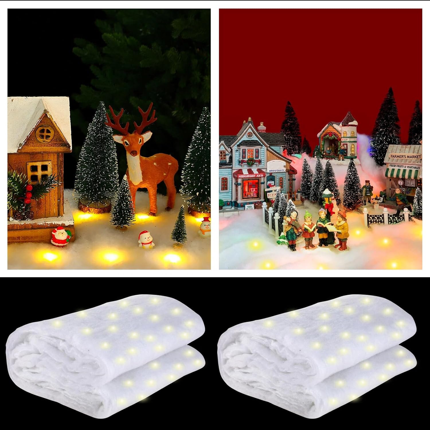 Tudomro Christmas Snow Blanket - Pre-Lit LED Fake Snow Runner for Holiday Village Display | 4 ft x 13 in (Warm White, 2 Pcs)