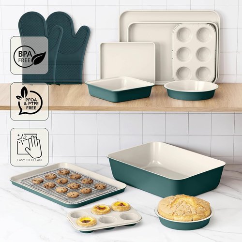 Country Kitchen Nonstick Bakeware Set - Deluxe Heavy Duty, Easy Release, Sage | 13 Pcs