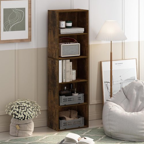 Furinno LUDER 5-Tier Bookshelf - Open Shelves for Easy Assembly | Amber Pine, 9.4 x 15.8 x 52 Inches