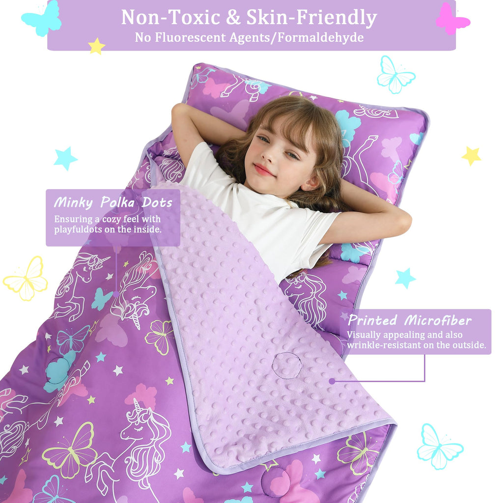 Toddler Nap Mat for Preschool 50''x30'' Sleeping Mat with Removable Pillow and Minky Blanket for Kids Ages 3-7 Roll Up Soft Sleeping Bag for Boys Girls Kindergarten Daycare Sleepover - Purple Unicorn