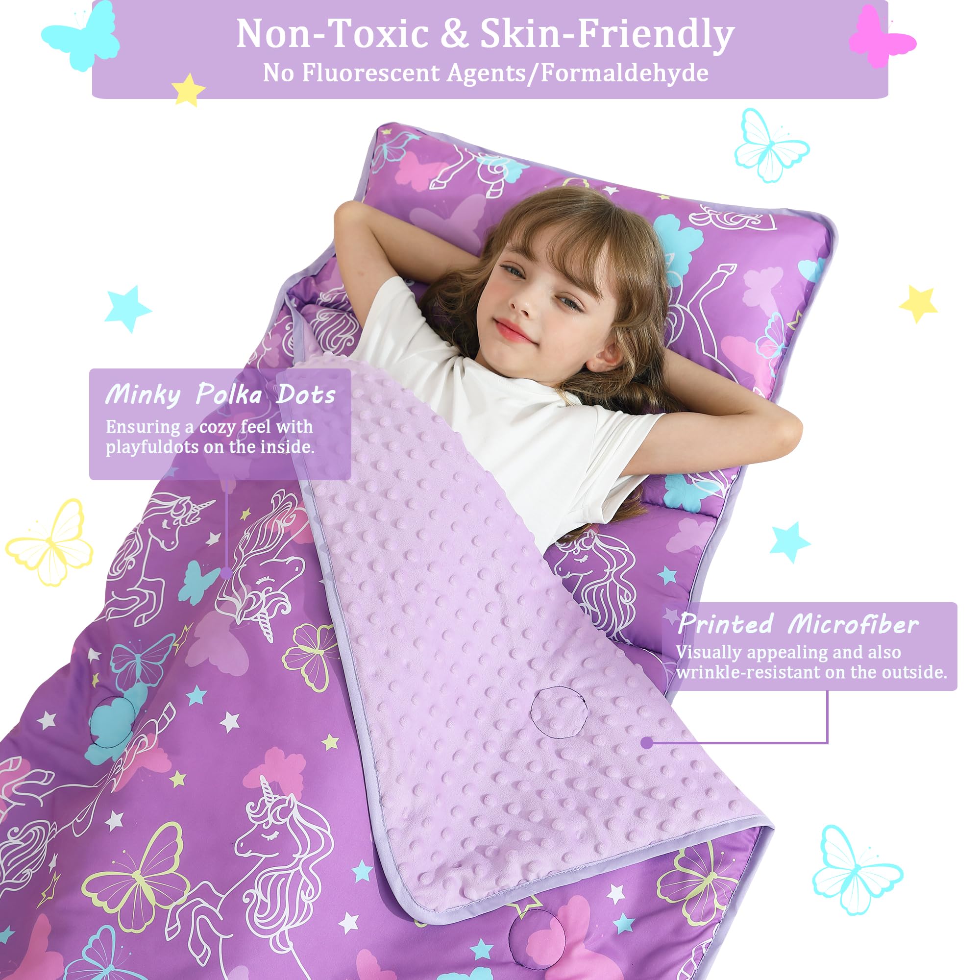 Toddler Nap Mat for Preschool 50''x30'' Sleeping Mat with Removable Pillow and Minky Blanket for Kids Ages 3-7 Roll Up Soft Sleeping Bag for Boys Girls Kindergarten Daycare Sleepover - Purple Unicorn