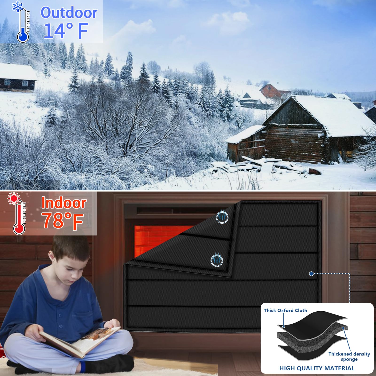 Magnetic Fireplace Blanket for Heat Loss Indoor Fireplace Covers Keep Drafts Out Stops Heat Loss Fireplace Draft Stopper with Built-in 12 Strong Magnet for Iron Fireplace Frame Fireplace Screen 36x32"