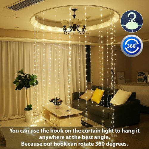 HXWEIYE 300LED Fairy Curtain Lights - 9.8x9.8Ft USB Plug-In with 8 Modes & Remote | Warm White Indoor Decor