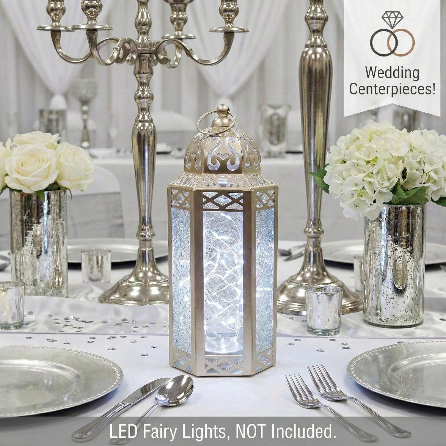 VELA Lanterns 10.5" White Gold Moroccan Candle Lantern - Elegant Decorative Holder for Indoor/Outdoor Use