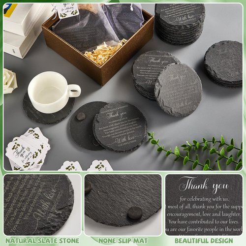 50 Packs Wedding Favors for Guests Slate Coasters Bulk Wedding Party Guest Gifts Black Stone Coaster with Thank You Tags and Organza Bags Newlyweds Bridal Shower Party Supplies Guests Souvenirs