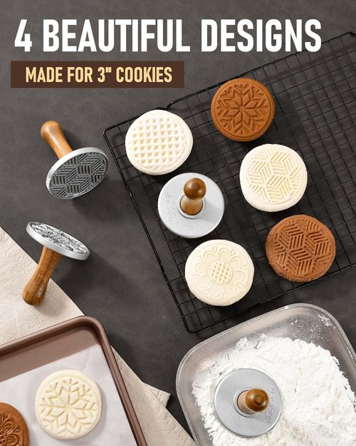 HULISEN Cookie Stamps Set - Metal Cookie Press Molds with Wooden Handle for Easy DIY Baking | Gift-Ready Set of 4