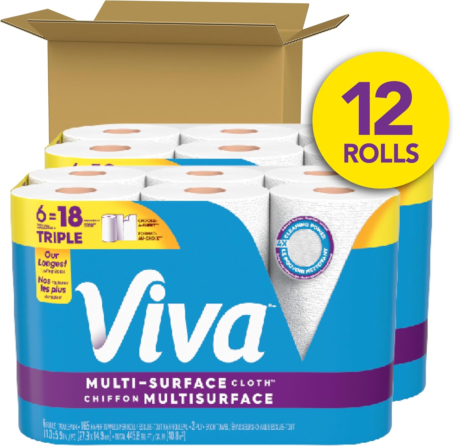 Viva Multi-Surface Cloth Paper Towels - Choose-A-Sheet Size, 12 Triple Rolls, 165 Sheets Each