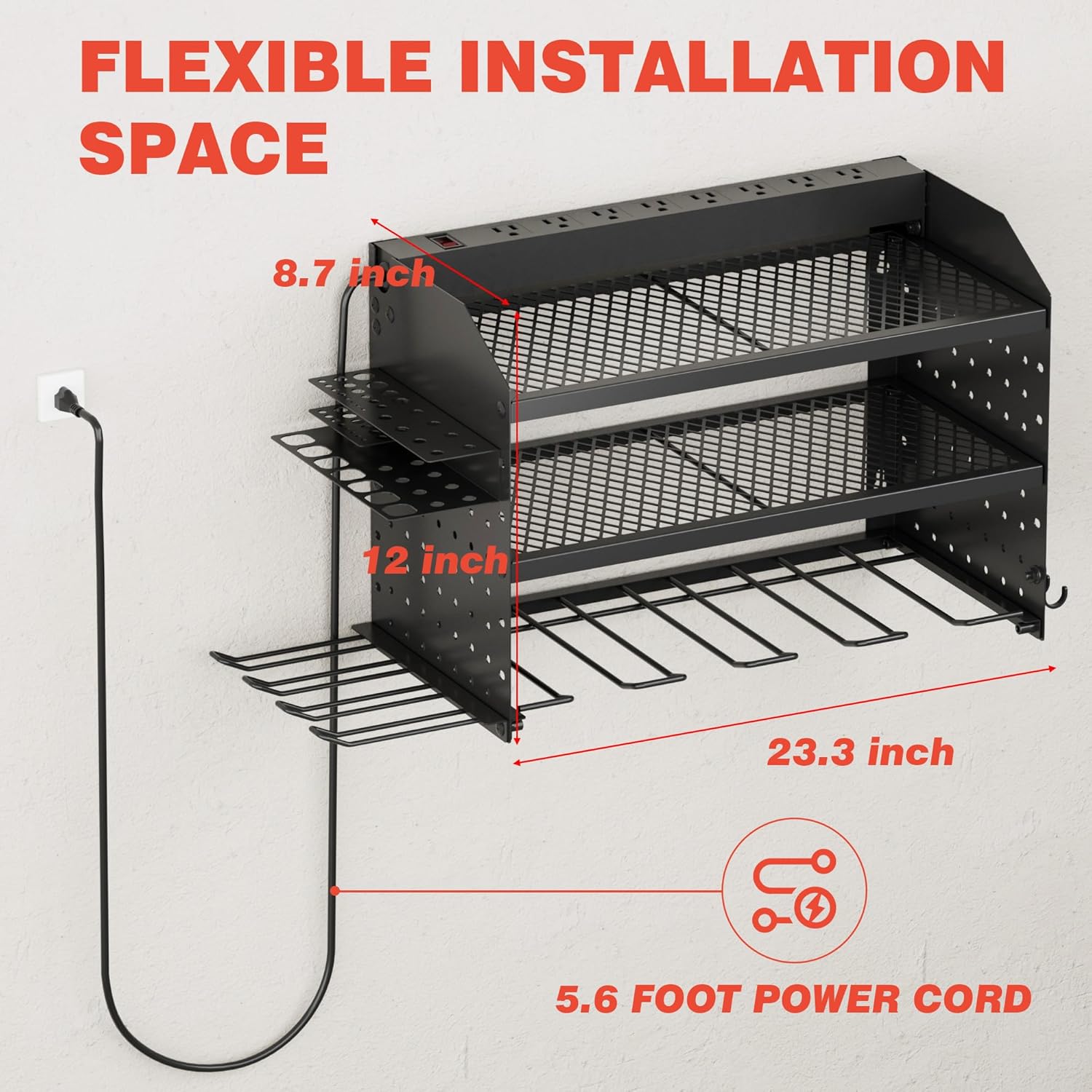 Power Tool Organizer - Wall Mount Charging Station with 8 Outlets | Heavy-Duty Metal Rack, 23-Inch 3-Tier Shelves for Garage & Workshop Storage