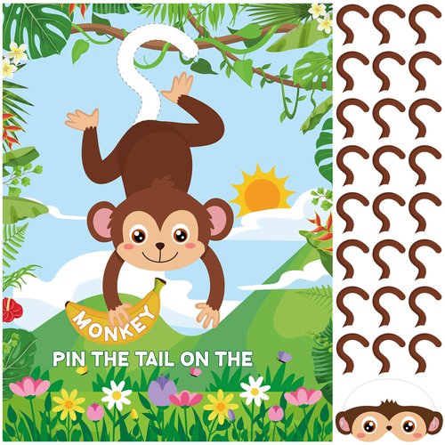 Faccito Jungle Animal Games Pin The Tail on The Monkey Safari Animal Birthday Party Games with Monkey Poster 24 Pcs Tail Stickers and Blindfold for Safari Jungle Zoo Forest Party Decorations Supplies