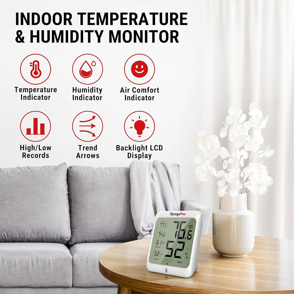 TempPro TP53 Digital Hygrometer - Indoor Thermometer with Comfort Indicator & Max/Min Records | Backlit Display