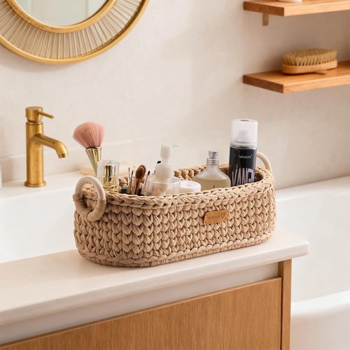 Handwoven Basket by [Brand Name] - Stylish Toilet Paper Storage with Wooden Base & Handles | Boho Decor (Brown)