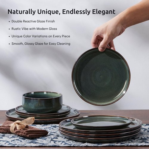 E-far Dinnerware Sets for 4, 12-Piece Stoneware Plates and Bowls Set, Ceramic Dishes Reactive Glaze Dinning Ware, Microwave & Dishwasher Safe - Obsidian Green