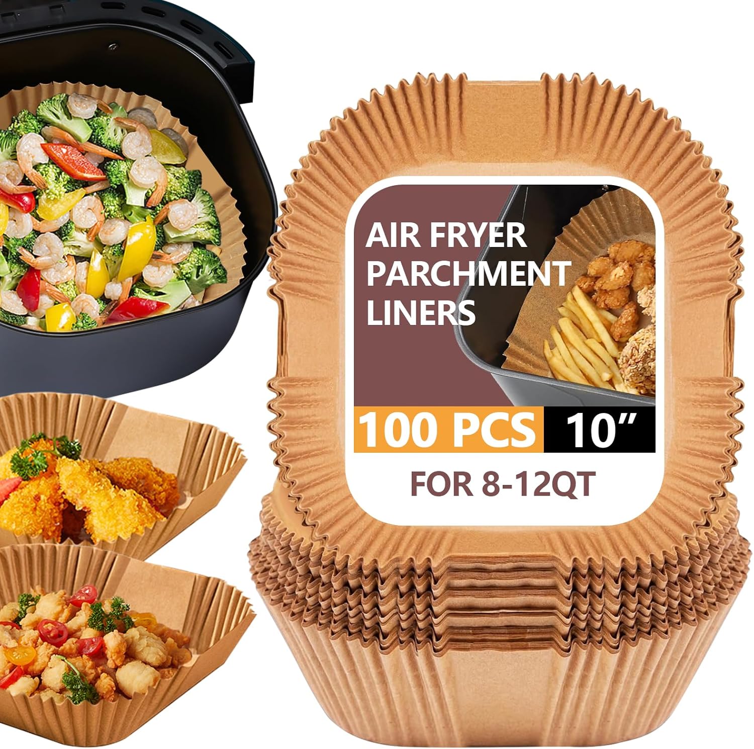 UBeesize XL 10 Inch Air Fryer Paper Liners - 100 PCS Non-Stick Parchment Paper for Microwave | Square, Bleach-Free