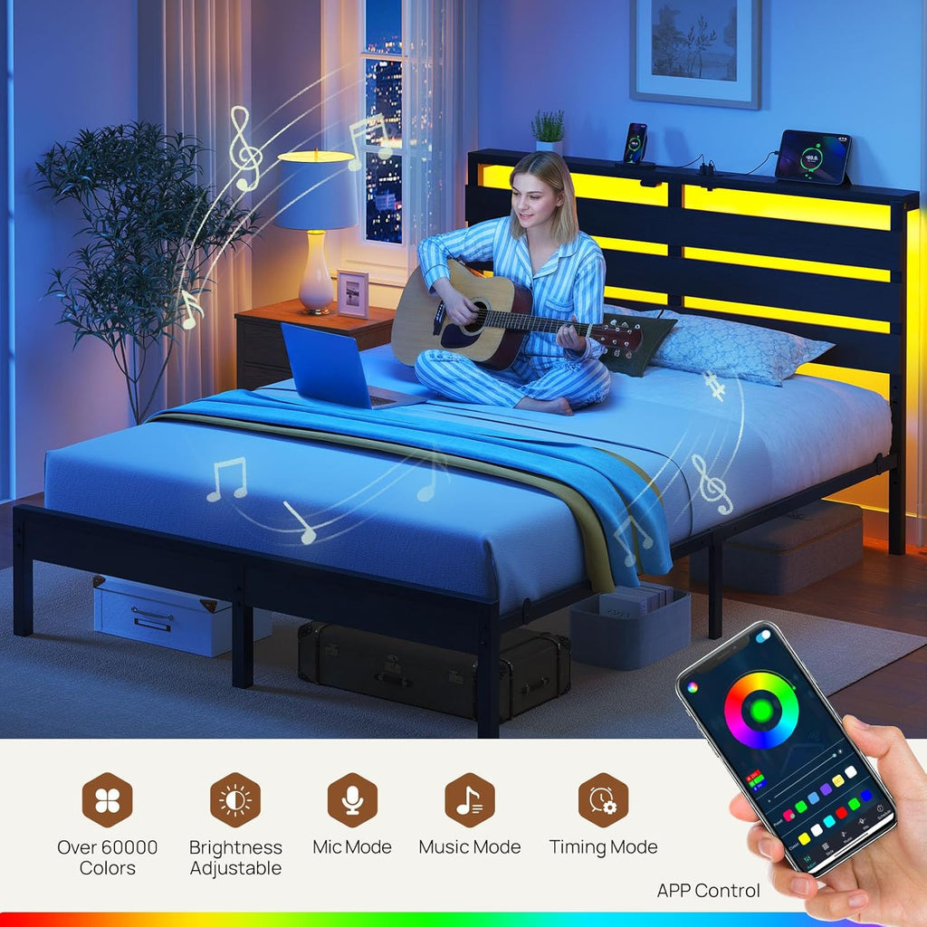 Rolanstar Full Size Bed Frame - USB Charging Station & LED Wood Storage Headboard - Black Metal Design