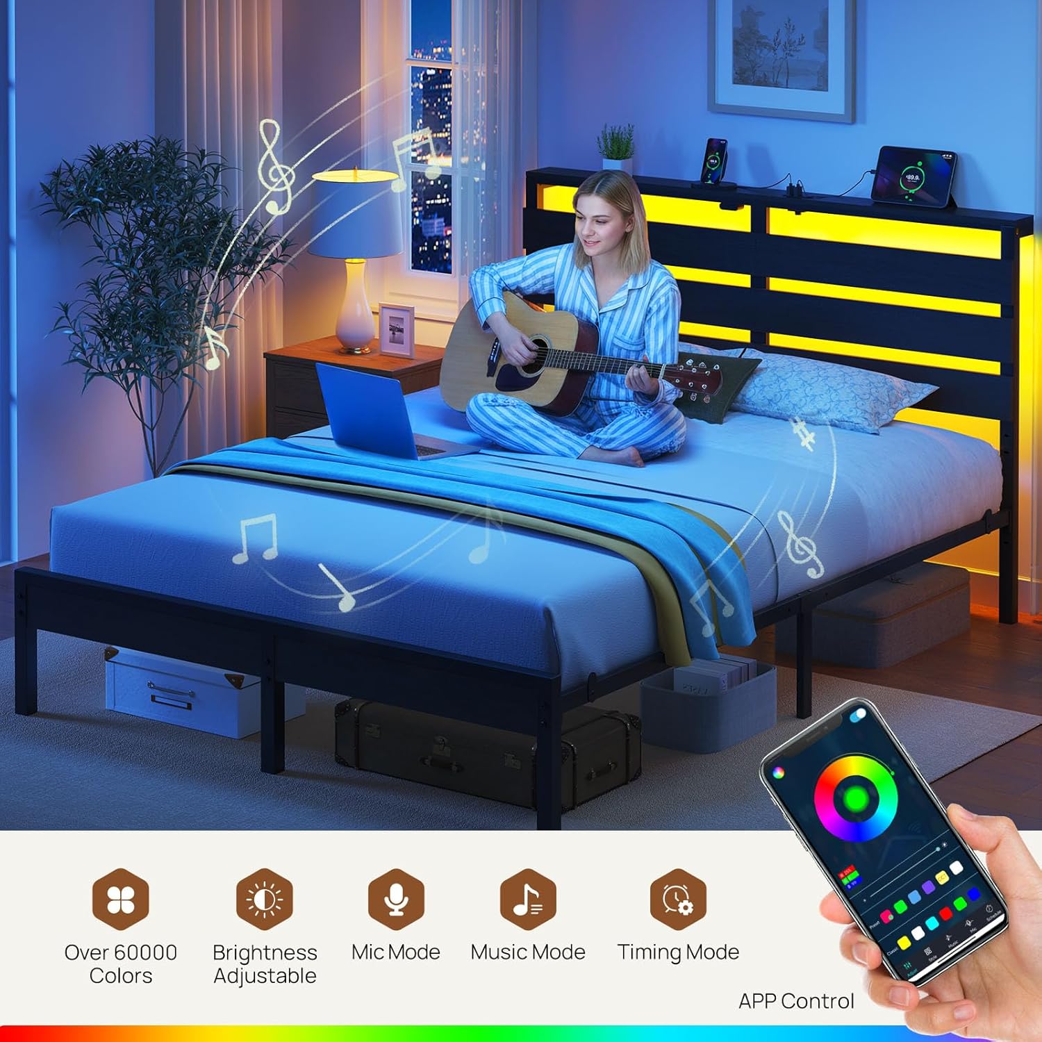 Rolanstar Full Size Bed Frame - USB Charging Station & LED Wood Storage Headboard - Black Metal Design