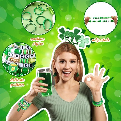 Landical 64 Pieces St. Patrick's Day Bracelets Bulk Beaded Favor Irish Lucky Leaf Shamrock Bracelet Pack Green Stackable Friendship Jewelry for Gifts Goody Bag Fillers Party Supplies