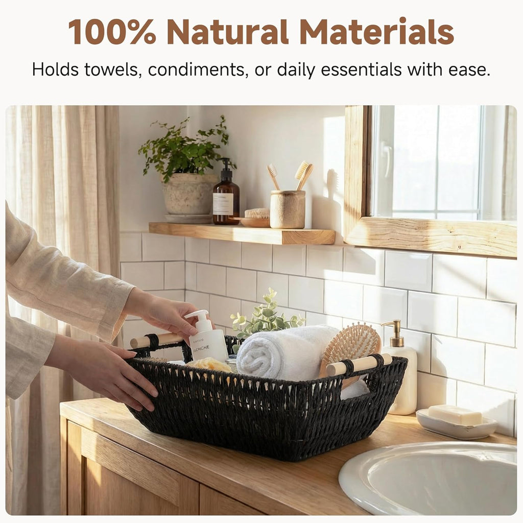 StorageWorks Large Wicker Storage Baskets - Stylish Organizing Solution with Wooden Handles | Black, 2-Pack