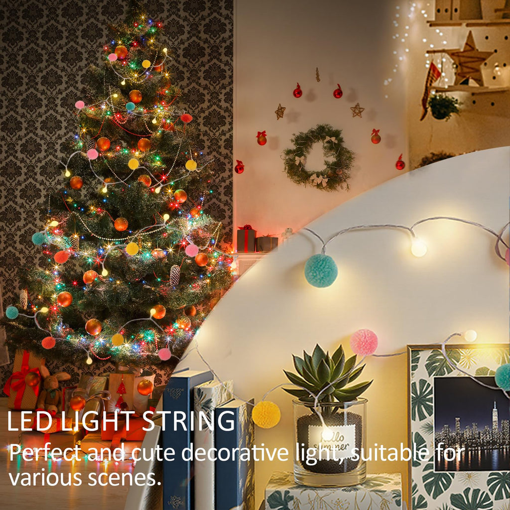 LED Pom Poms Fairy Lights - 21Feet, 20 LED, Battery Operated, Warm White Globe Lights Cute for Home,Kids Playhouse, Holiday, Christmas, Kids Room Party Birthday Wedding Valentines Decorations