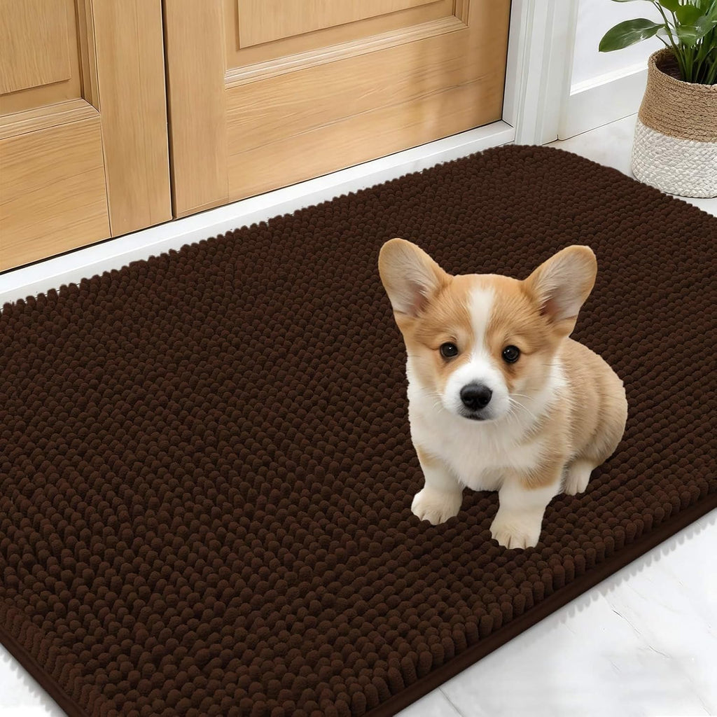 OLANLY Dog Door Mat - Absorbent Non-Slip Washable Chenille Mat for Muddy Paws | 24x16, Brown