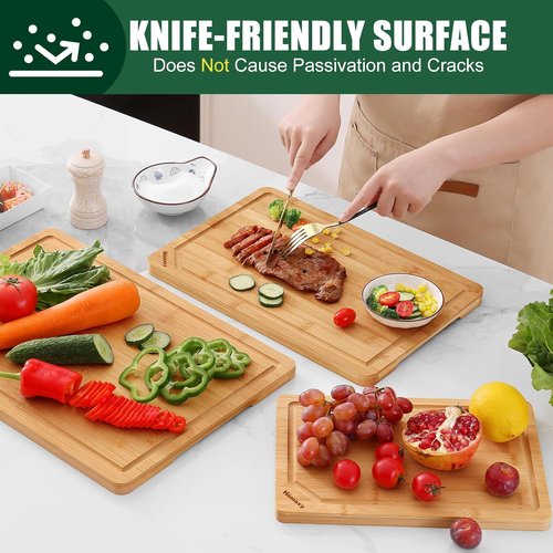 Homaxy Organic Bamboo Cutting Boards Set - 3-Piece Kitchen Boards with Juice Groove & Handles | Ideal for Meat, Fruits & Vegetables