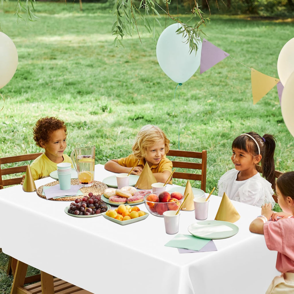 Skiennix White Plastic Tablecloths - Sturdy Disposable 54 x 108 Inches for Effortless Cleanup | Perfect for Parties & Picnics