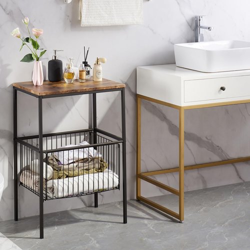 VECELO Tall Night Stand with Metal Basket,End Table with Shelf Storage Organizer, Wood Nightstand for Bedroom, Living Room,Bathroom