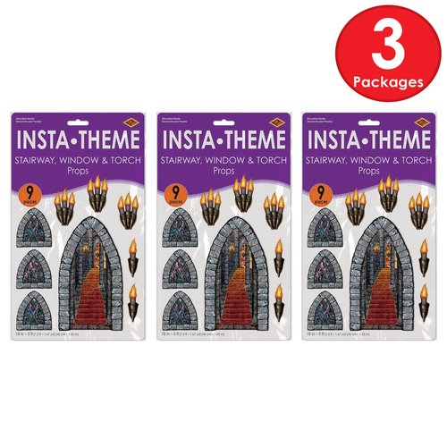 Beistle Medieval Stairway, Window & Torch Props 27 Image Set – Gothic Haunted Castle Plastic Cutouts for Halloween Parties, Dungeon Themes and Spooky Wall Decorations – 18" to 60"