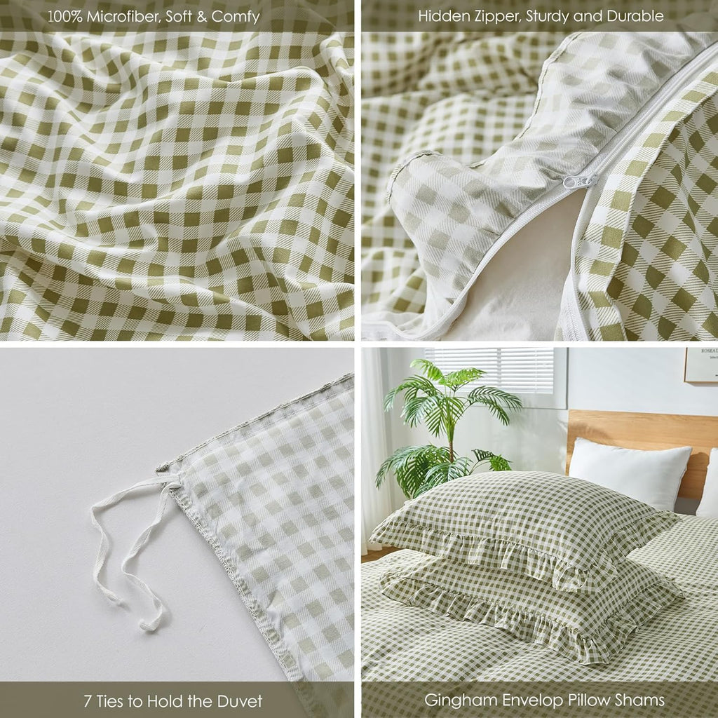 Regine Switzerland Gingham Duvet Cover Set - Soft Microfiber Queen Size with Zipper Closure & 2 Pillow Shams | Sage Green Farmhouse Decor