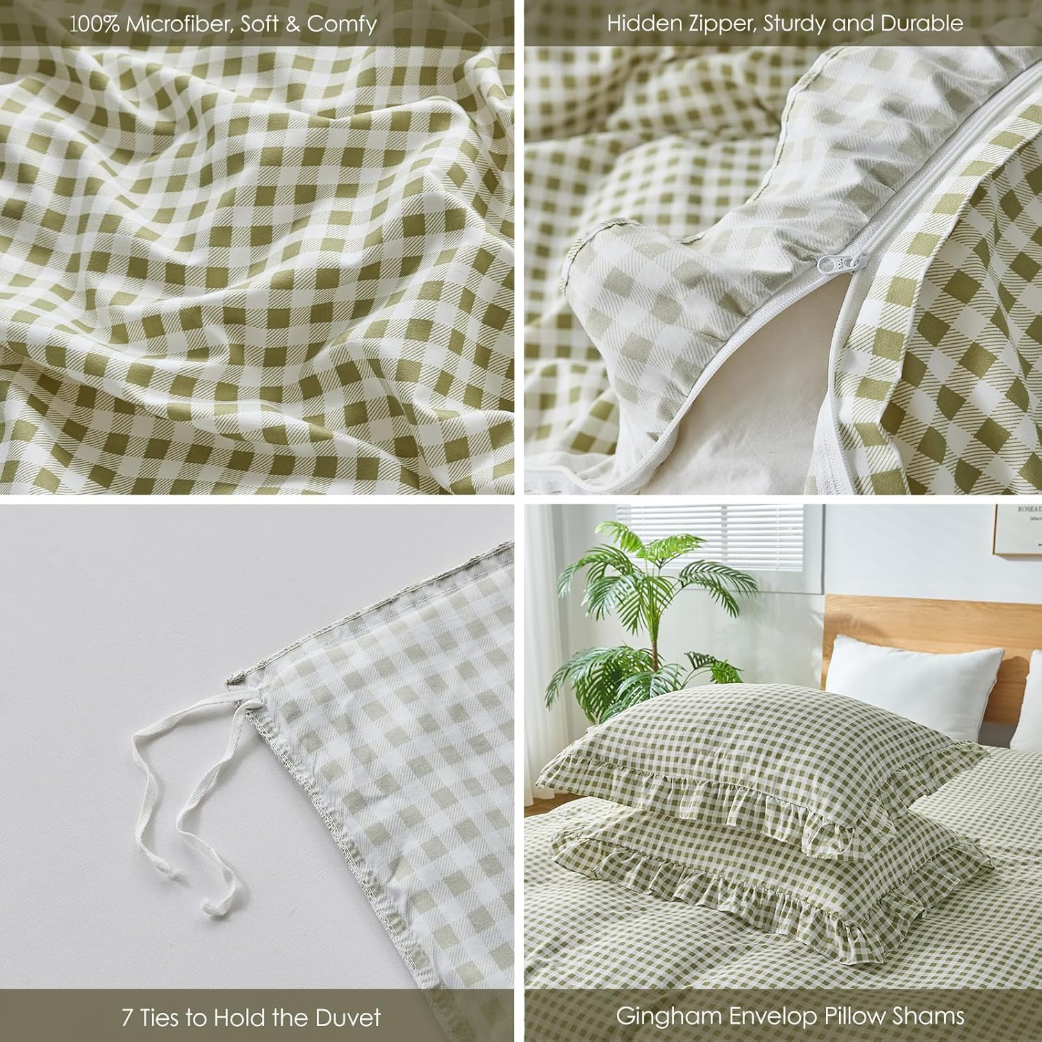 Regine Switzerland Gingham Duvet Cover Set - Soft Microfiber Queen Size with Zipper Closure & 2 Pillow Shams | Sage Green Farmhouse Decor
