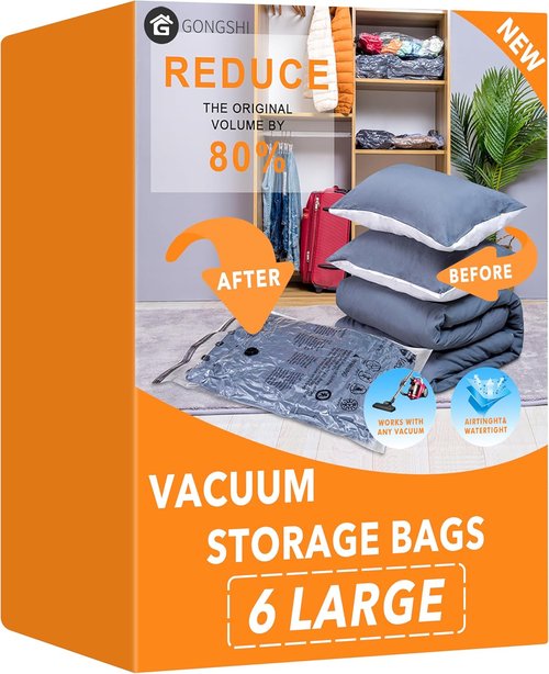 GONGSHI Vacuum Storage Bags - Space Saver Seal Bags for Clothing & Travel | 6 Large Bags