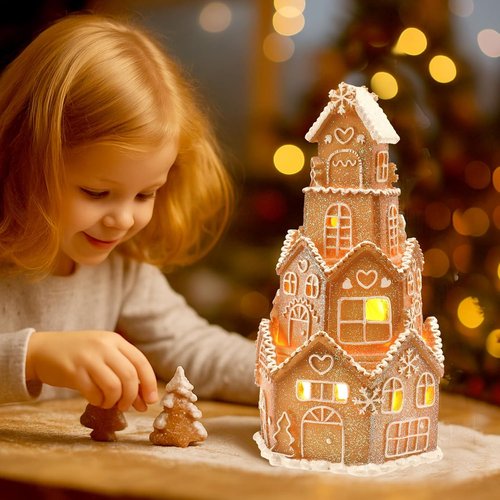 Beeveer LED Gingerbread House Decoration - Festive Resin Xmas Village Figurine | 5 x 5 x 8.25 Inch