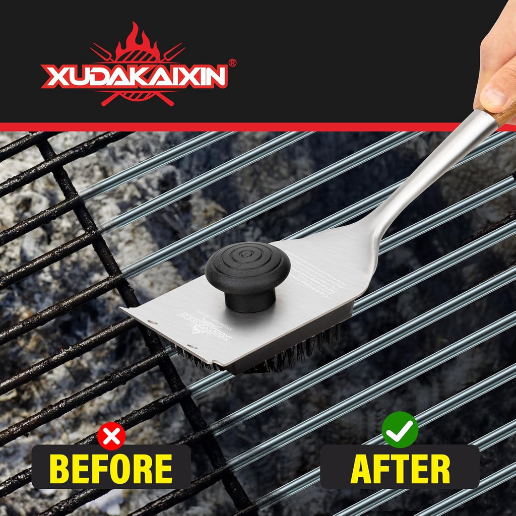 XUDAKAIXIN Nylon Grill Brush - Dual Grip Design with Luxurious Acacia Wood Handle | Safe for Barbecue Grates (Black)
