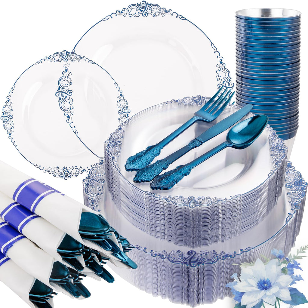 Hioasis 350pcs Clear Blue Plastic Plates - Elegant Disposable Dinnerware Set Suitable for 50 Guests Include 10.25" Dinner & 7.5" Dessert Plates, Pre Rolled Silverware Set, Cups for Party & Wedding
