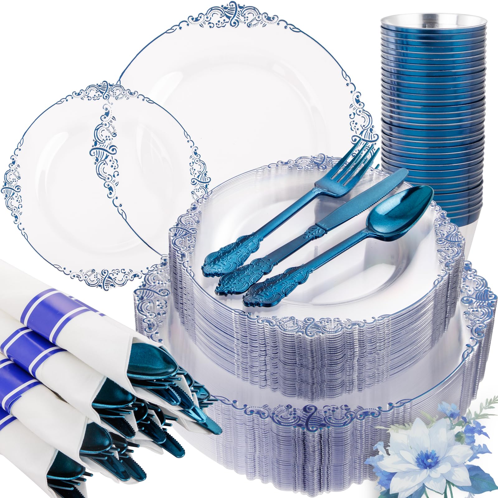 Hioasis 350pcs Clear Blue Plastic Plates - Elegant Disposable Dinnerware Set Suitable for 50 Guests Include 10.25" Dinner & 7.5" Dessert Plates, Pre Rolled Silverware Set, Cups for Party & Wedding