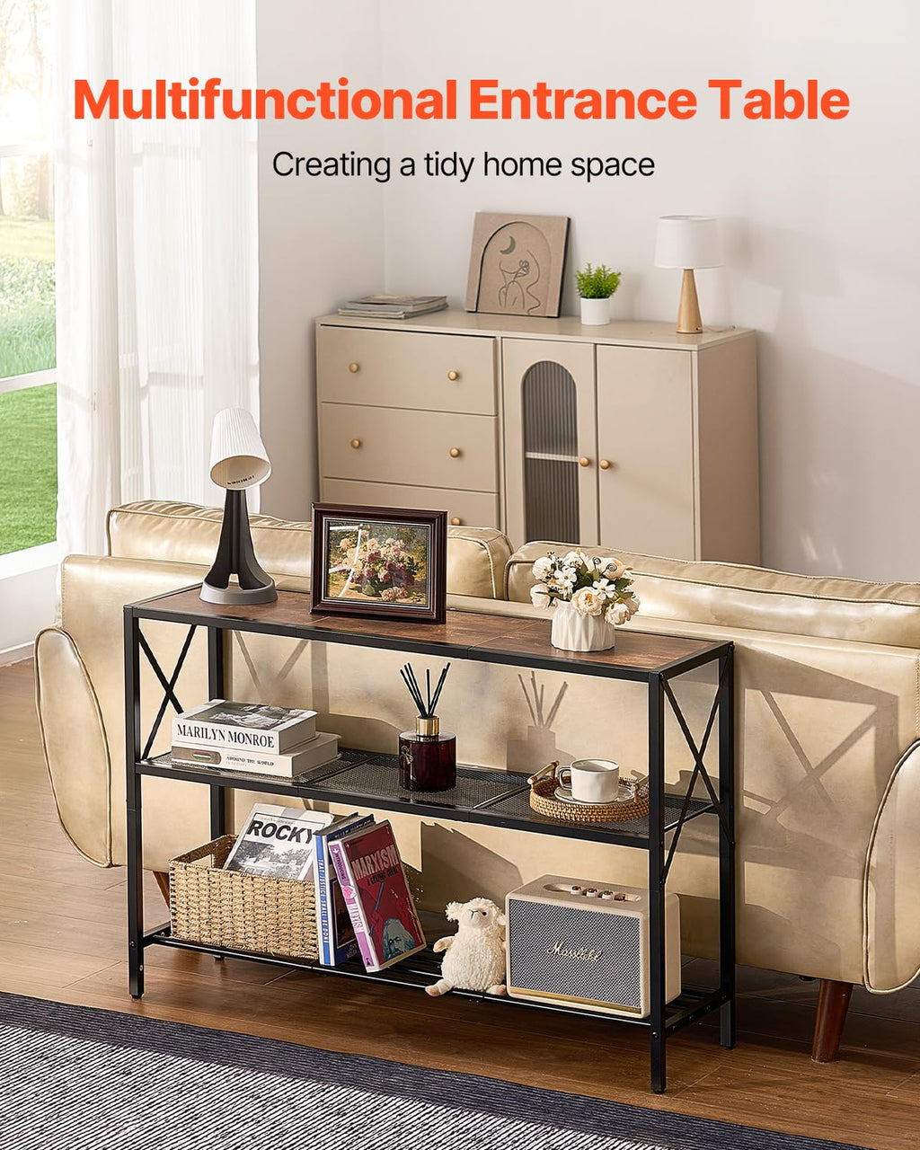 VEVOR Narrow Console Table, 41.7 Inch Entryway Table, 3-Tier Hallway Table, Sofa Table with Metal Frame, Console Tables for Entryway, Hallway, Living Room & Bedroom