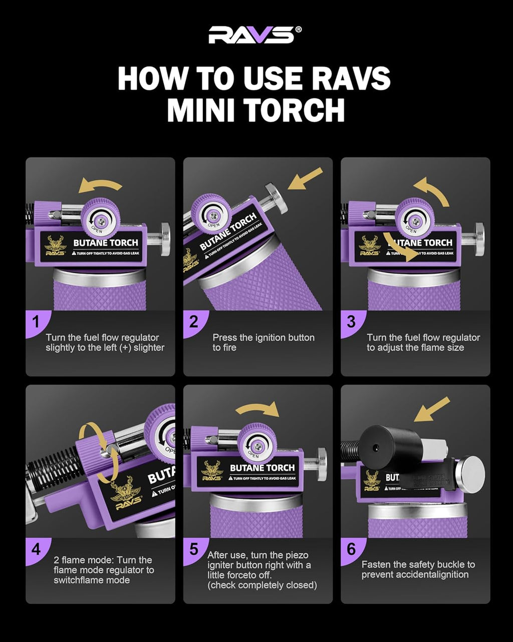 RAVS Butane Torch Lighter - Refillable Kitchen Torch with Adjustable Flame & Safety Buckle - Purple