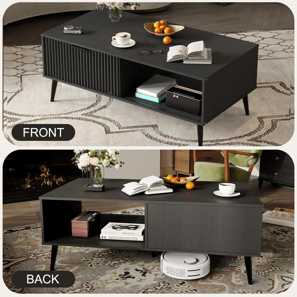 Modern Coffee Table with Storage, 2-Tier Wooden Cocktail Table, Mid Century Modern Coffee Tables with Wave-Style Sliding Doors and Solid Wood Legs, for Living Room, Office, Black