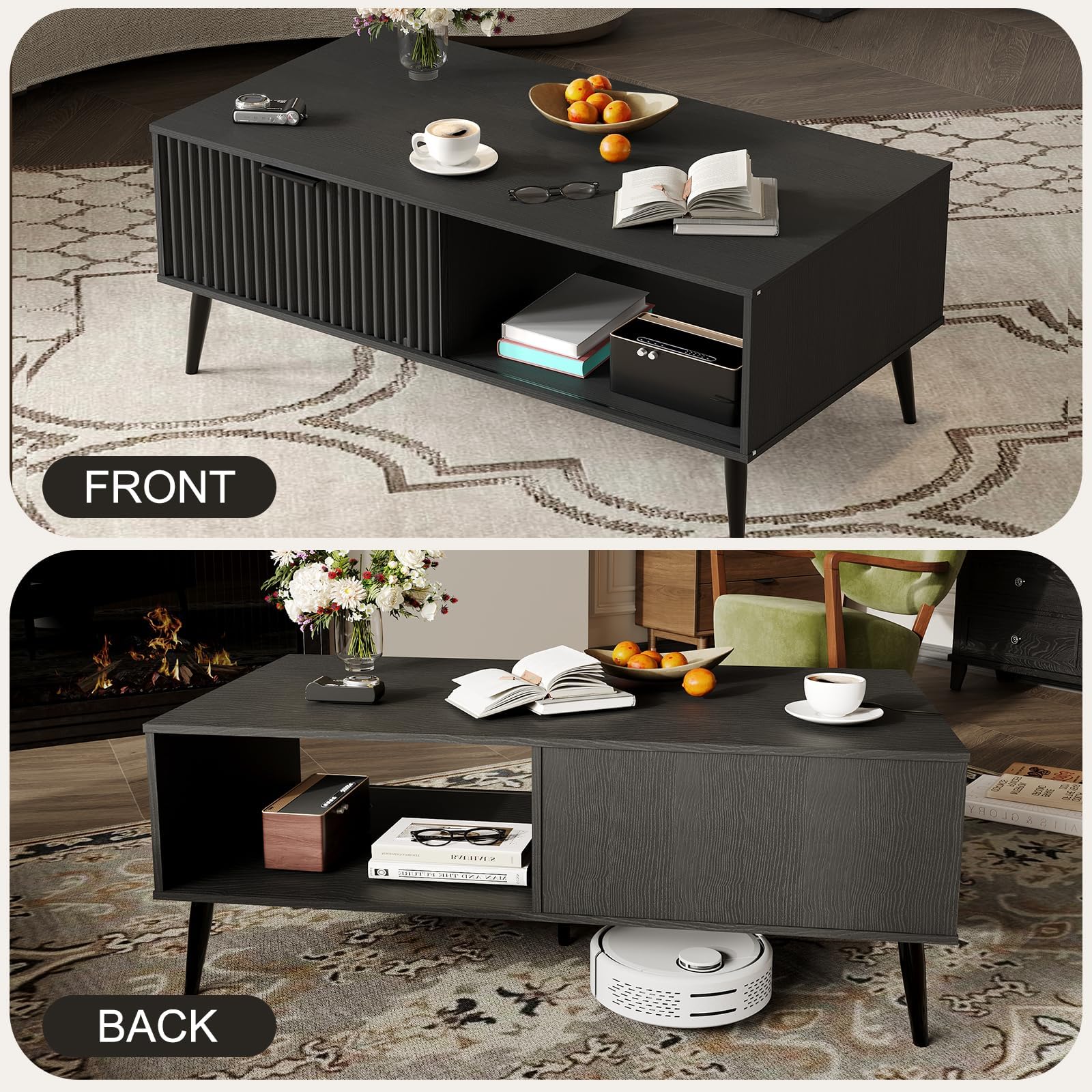 Modern Coffee Table with Storage, 2-Tier Wooden Cocktail Table, Mid Century Modern Coffee Tables with Wave-Style Sliding Doors and Solid Wood Legs, for Living Room, Office, Black