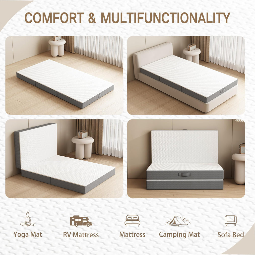 Tri-Fold Memory Foam Mattress, 4 inch Single Folding with Washable Covers, Reversible Design, Foldable Topper for Travel&Guests,25"x75"x4"