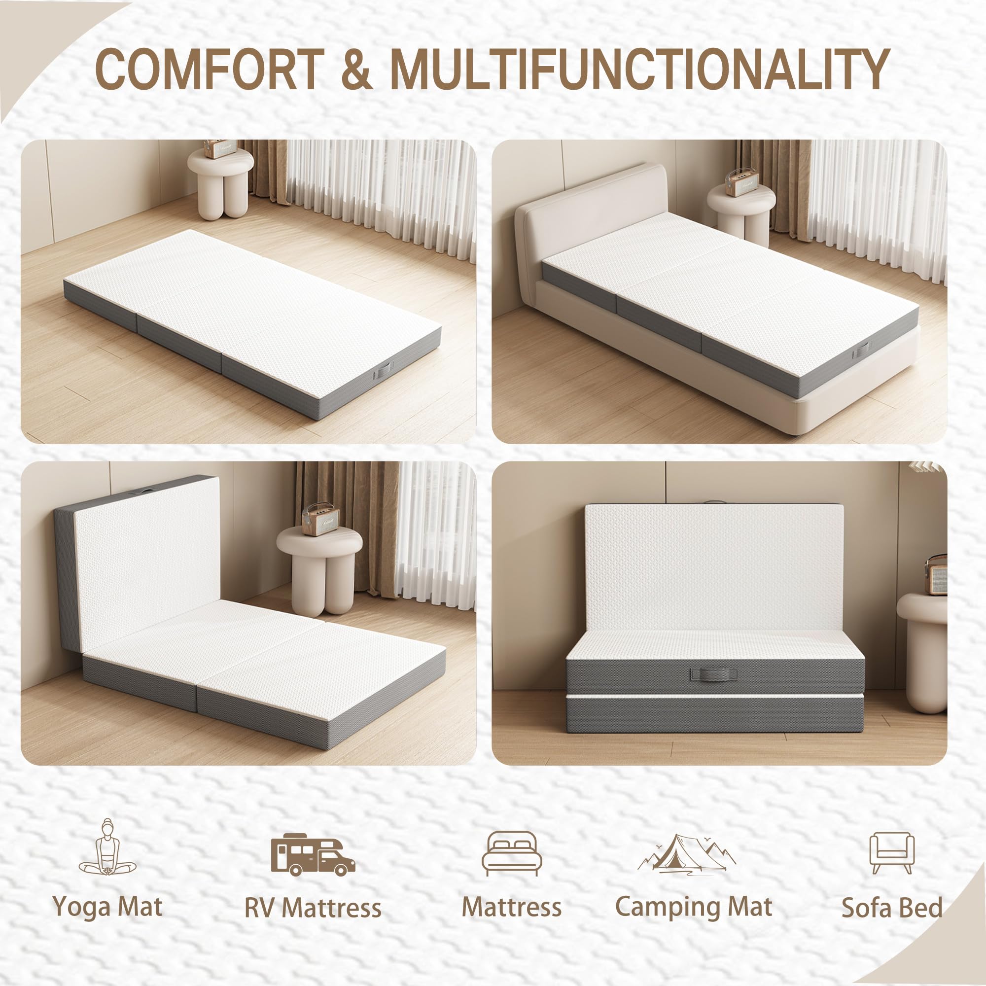 Tri-Fold Memory Foam Mattress, 4 inch Single Folding with Washable Covers, Reversible Design, Foldable Topper for Travel&Guests,25"x75"x4"