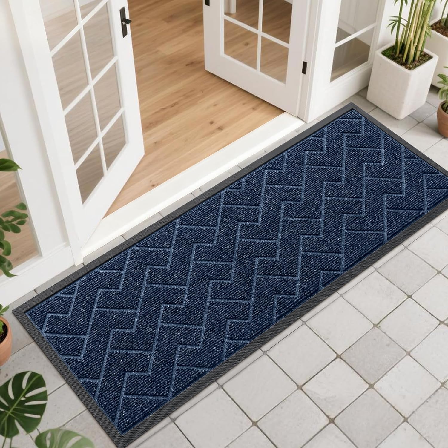 OLANLY Waterproof Front Door Mat - All-Season Indoor/Outdoor Doormat | Sturdy Natural Rubber, Herringbone Brick (Blue, 47x17)
