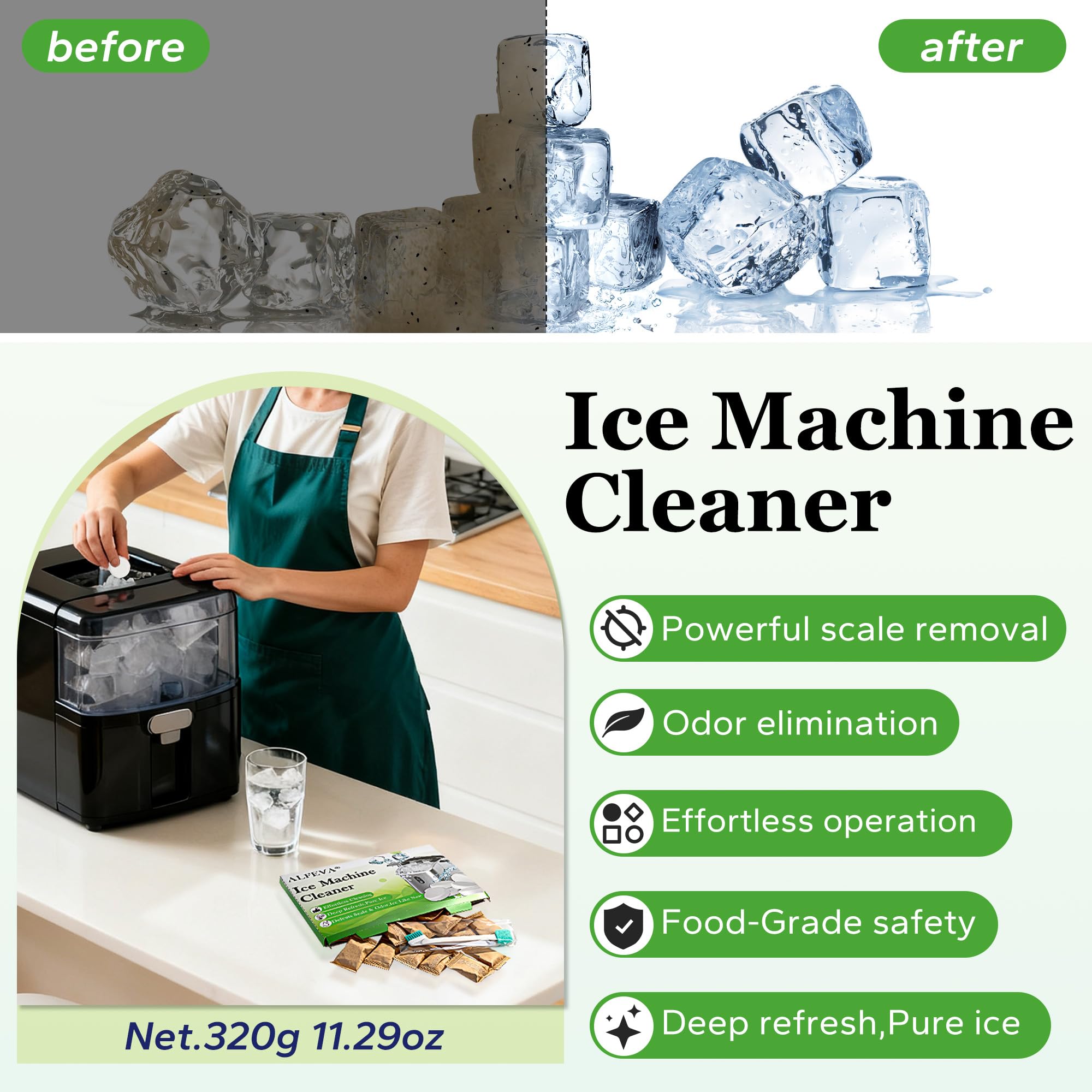 Ice Machine Cleaner and Descaler Kit- 32 Tablets with 2 Specialized cleaning brushes,ice maker cleaner Ideal for Frigidaire,Opal,GE Profile, Kitchenaid countertop units.Removes Lime Scale,Calcium.