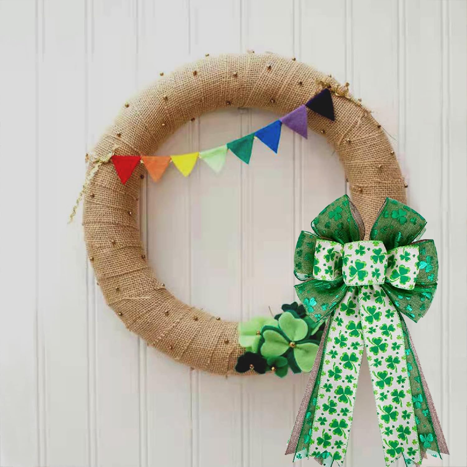 Skiennix St. Patrick's Day Bow - Large Burlap White & Green Glitter Shamrock Wreath Decoration
