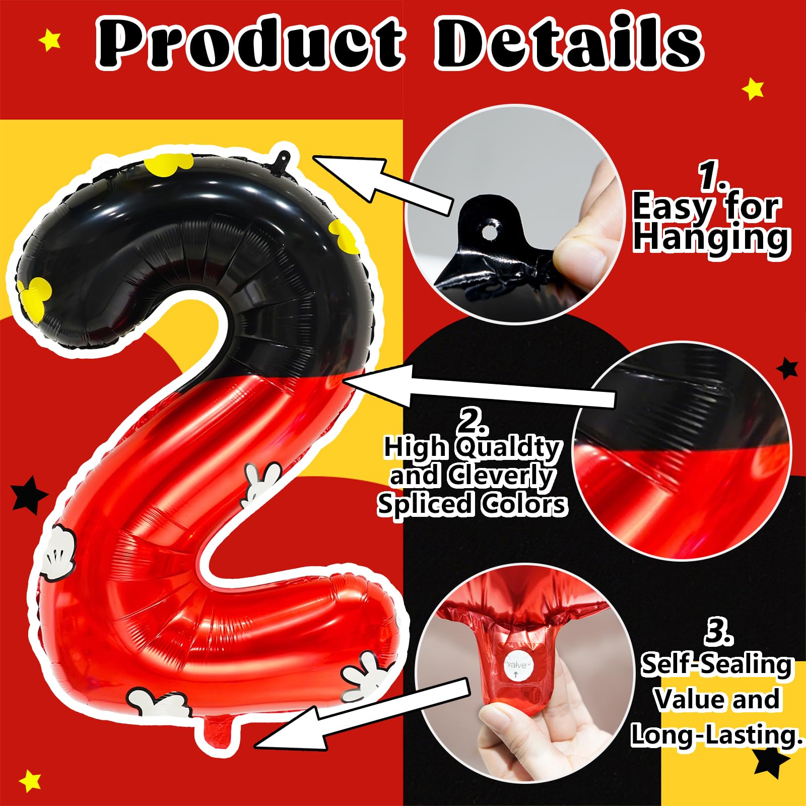 YIIHMEI 40 Inch Cartoon Mouse Number 2 Balloon Black Red Balloons,Giant Number with Animation Style Balloons for 2nd Anniversary Birthday Theme Party Decorations Supplies