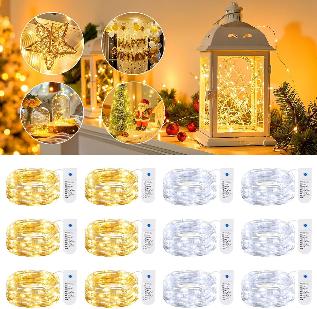 Minetom Fairy Lights - 12 Pack Battery Operated String Lights | 8 Modes, 7ft Waterproof Silver Wire for DIY Decor