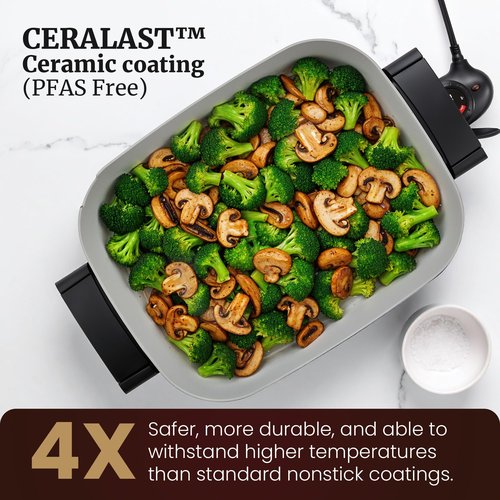 Elite Gourmet 15" x 12" x 3" Stow-Away Foldable Electric Skillet, Ceralast™ PFAS Free Ceramic, 1500W Rapid Heat, Dishwasher Safe Pan & Lid, Black/Grey