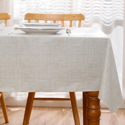 Heavy Duty Vinyl Tablecloth with Flannel Backing Waterproof Oil-Proof Plastic Table Cloth Stain-Resistant Wipeable Rectangle or Square Table Cover for Indoor and Outdoor (Beige Striped,60x84 Inch)