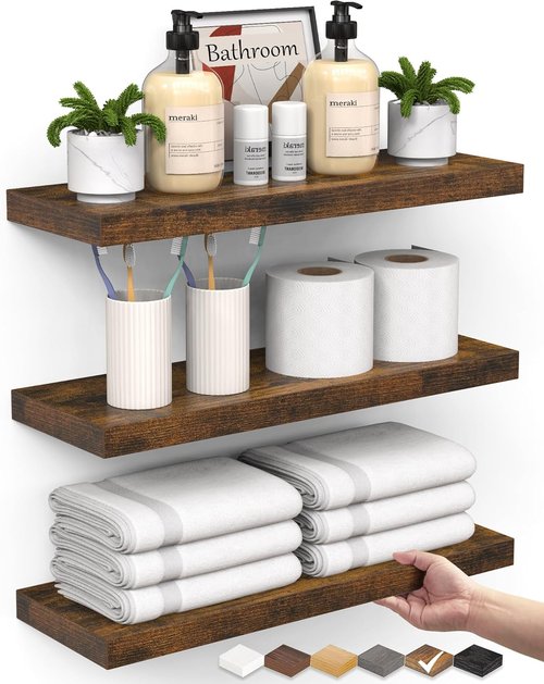BAYKA Floating Bathroom Shelves - Rustic Wood Over Toilet | Set of 3 for Home Decor & Organization