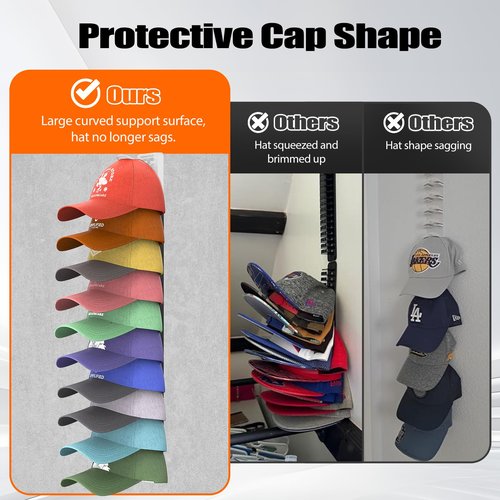 HeQe Hat Organizer for Baseball Caps Hold Up to 40 Hats, 2 Pack Hat Rack for Wall, Strong Adhesive Hat Storage Display Holder(White-2 Pack)